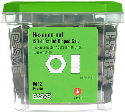 Förpackning med sexkantmuttrar M12, 50 st, ESSVE, ISO 4032 Hot Dipped Galv.