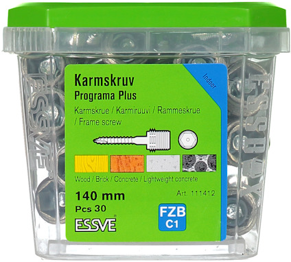 Plastlåda med karmsskruvar, 140 mm, 30 stycken. Märkning: ESSVE, FZB C1.