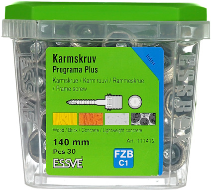 Förpackning med 30 karmsskruvar från Essve, 140 mm, för trä, murverk, lättbetong. Artikelnummer: 111412.