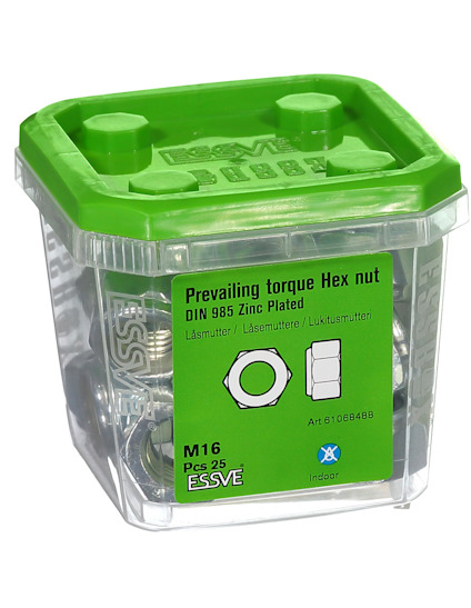 Förpackning med ESSVE låsmuttrar M16, DIN 985, 25 st, zinkpläterade.