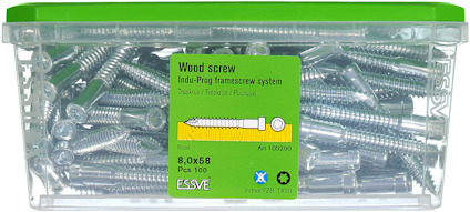 Plastlåda med träskruvar, etiketttext: "Wood screw", storlek 8,0x58, 100 stycken. Märkt: ESSVE, Indu-Prog framescrew system.