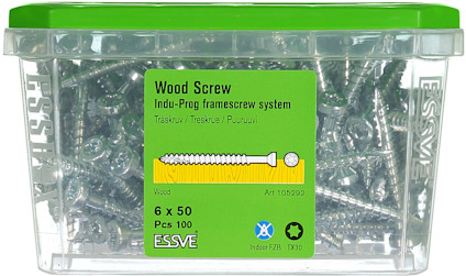 Förpackning med skruv märkt "Wood Screw Indu-Prog framescrew system", innehåller 100 st, storlek 6 x 50 mm.