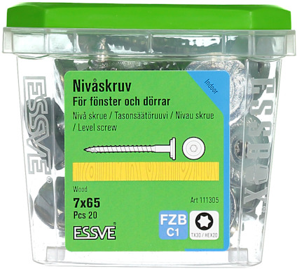 Förpackning med nivåskruv för fönster och dörrar, 7x65 mm, 20 st, från märket ESSVE.