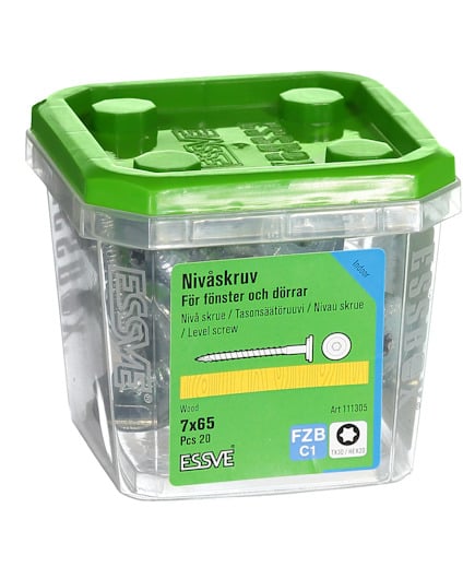 Plastlåda innehållande 25 nivårskruvar för fönster och dörrar, märkta FZB C1, storlek 7x65 mm, från ESSVE.