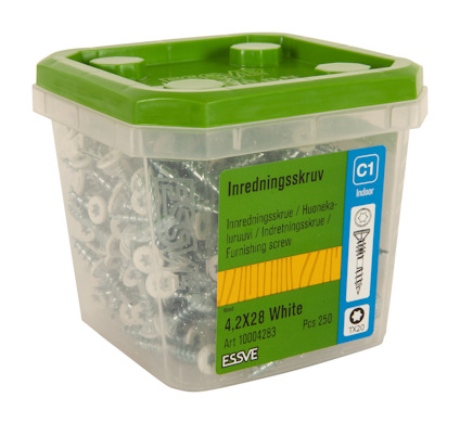 Essve inredningsskruv, 4.2x28 White, 250 st i plastburk med grön lock.