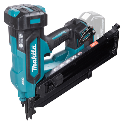 Blå och svart batteridriven spikpistol från Makita med märkningar och indikatorer på sidan.