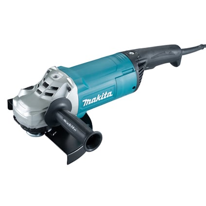 Vinkelslip med blått och svart hölje, märkt "Makita", med ett handtag och en skiva.