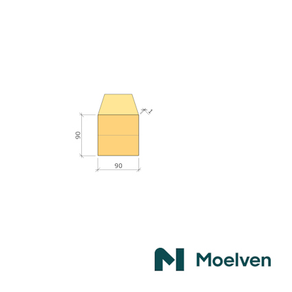 Illustration av en limträpelare med snedskuren topp och dimensionerna 90x90 mm, samt logotyp för Moelven.