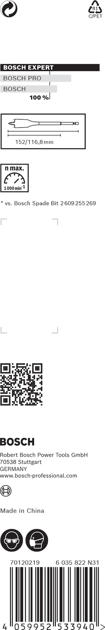 Förpackning med Bosch Expert SpeedClic SC1 100. Produktinformation och streckkod synliga. Tillverkad i Kina.