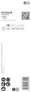 Förpackning med specifikationer för Bosch Expert produkt, inklusive varvtal och dimensioner.