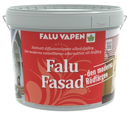 Hink med etikett: "Falu Vapen" och text om Falu Fasad, i röd och vit design.