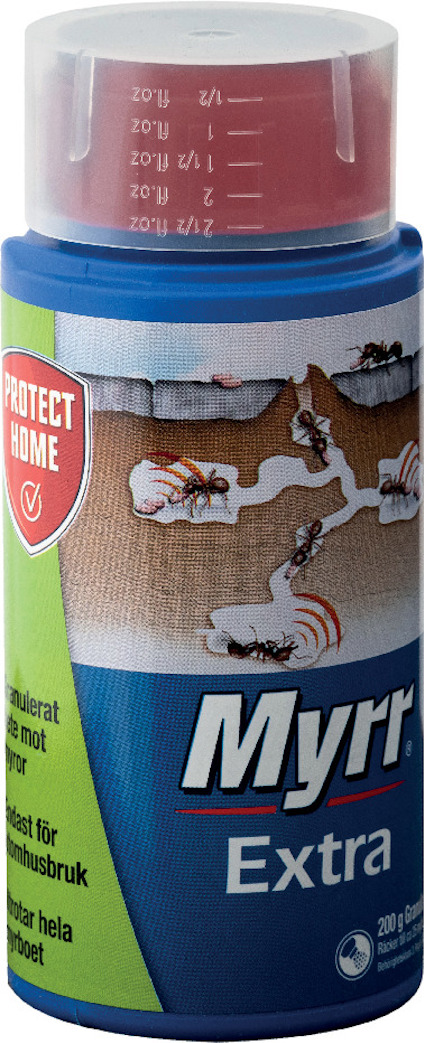 Insektsmedel Myrr Extra flaska med blå etikett och bilder på myror.