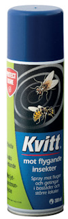 Sprejburk med blått lock, märkt "Kvitt mot flygande insekter", 300 ml, med bilder av en fluga och en geting.