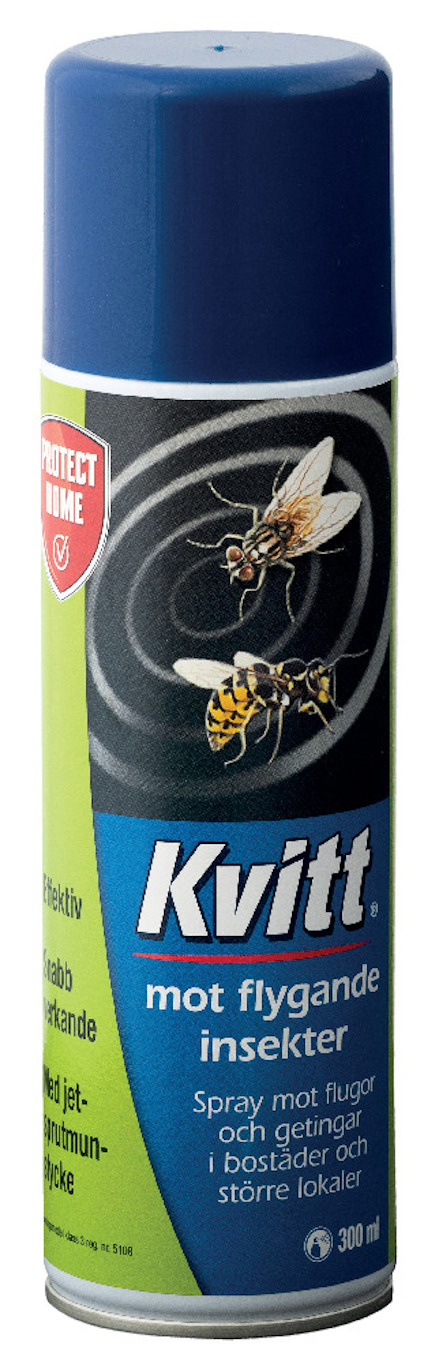 Sprejburk med blått lock, märkt "Kvitt mot flygande insekter", 300 ml, med bilder av en fluga och en geting.