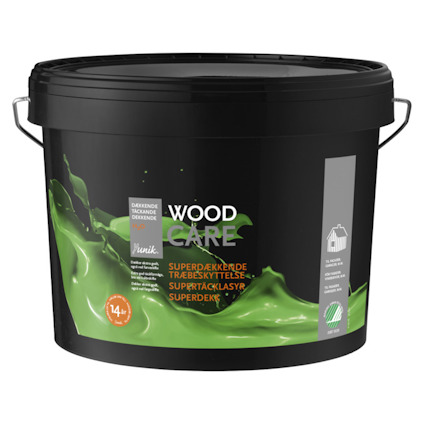 Svart hink med handtag och etikett med texten "Wood Care" och ett grönt färgflöde.