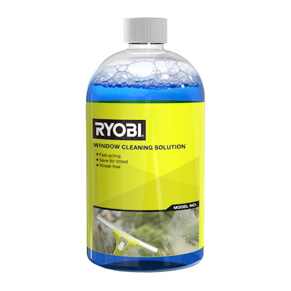 Flaska med blått rengöringsmedel och etikett med texten "RYOBI Window Cleaning Solution".
