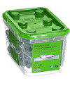 Plastburk med grönt lock innehållande 100 stålskruvar, 7,0 x 45 mm, märke ESSVE DrillScrew.