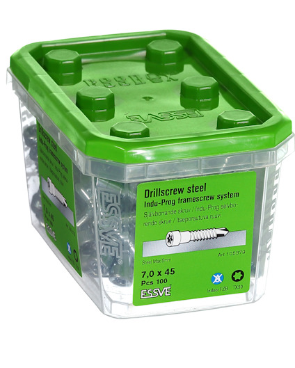 Plastburk med grönt lock innehållande 100 stålskruvar, 7,0 x 45 mm, märke ESSVE DrillScrew.