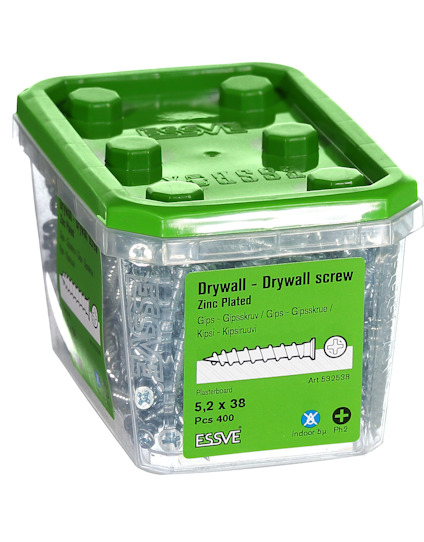 Plastburk med grönt lock innehållande 400 gipsskruvar, 5,2 x 38 mm.