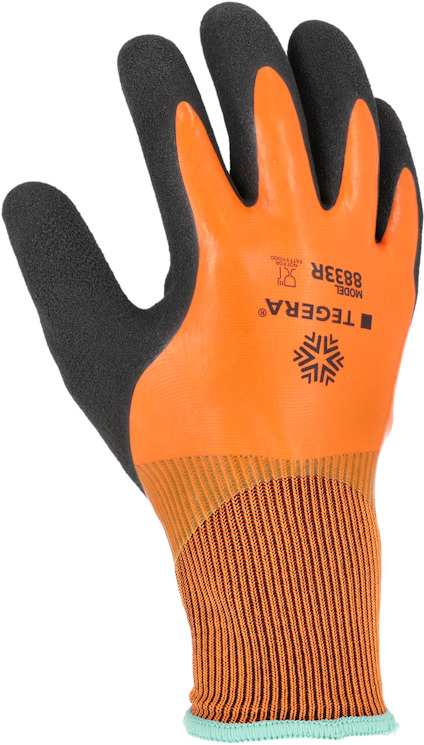 Arbetshandske i orange och svart med ribbad orange och grön mudd, märkt "TEGERA" och modellnummer "8832R".