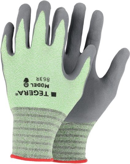 Arbetshandskar i grön och grå med texten "TEGERA® MODEL 883R".