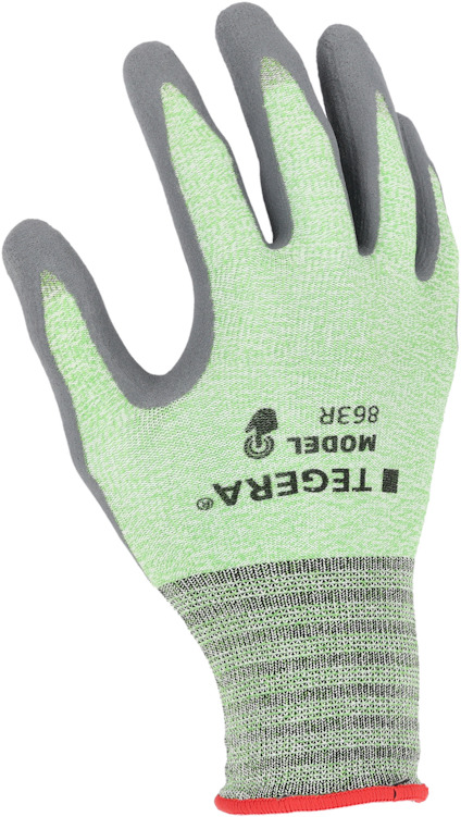 Grön arbetshandske med grå gummigrepp, svart text: "TEGERA MODEL 8634".