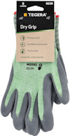 Arbetsvantar i grått och grönt med etikett: "TEGERA, 863R, Large, Dry Grip, Precision work, Dry/Moist environment, Touch screen".