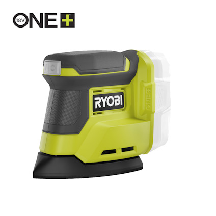 Sladdlös grön Ryobi slipmaskin med svart handtag och fyrkantig slipsula, 18V ONE+ system.