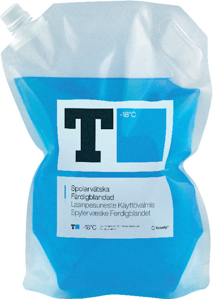 Transparent blå påse med spolarvätska, etikett text: "Spolarvätska Färdigblandad -18°C".