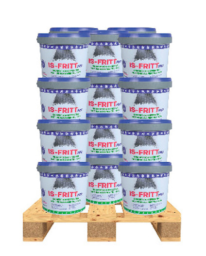 Tolv hinkar av Is-Fritt på en träpall.