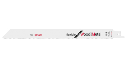 Vitt sågblad från Bosch med texten "flexible Wood+Metal".