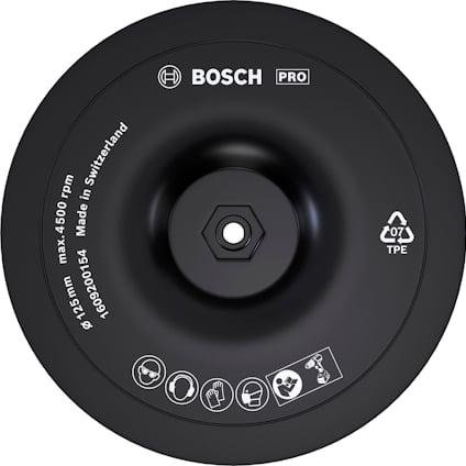 Svart Bosch slipplatta med skyddspiktogram och märkning: "max 4500 rpm, 1609200151, Made in Switzerland".