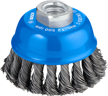 Blå koppslipborste med metalltrådar och en metallfäste, max 12 500 rpm, Bosch EL70802.