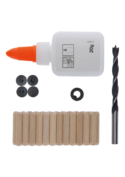 Limtub, fyra trädubbar, fyra svarta skruvskydd, borr och en rund svart bricka mot vit bakgrund.