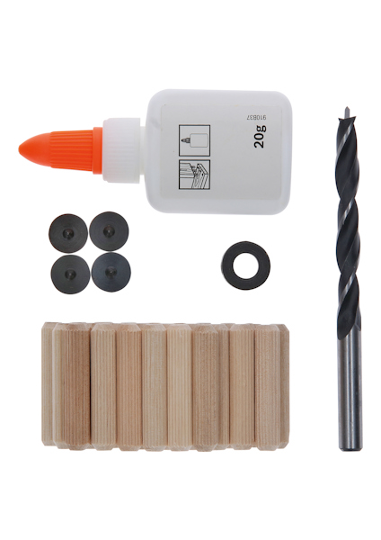 Limflaska, borr, träpluggar och svarta runda brickor på vit bakgrund.