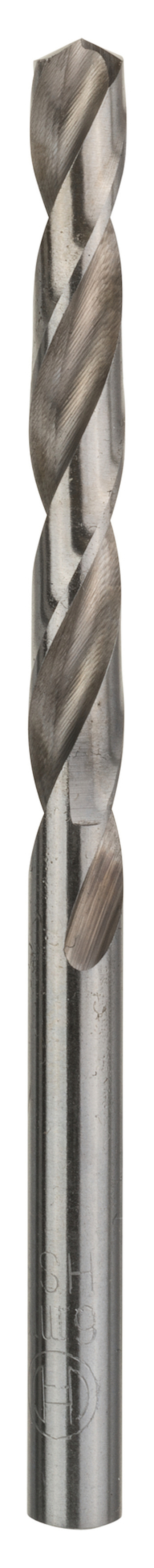 Metallborr med spiralformade skärkanter och cylindrisk skaft.