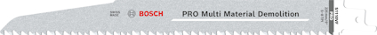 Långt sågblad från Bosch, med texten "PRO Multi Material Demolition". Tänder längs ena kanten.
