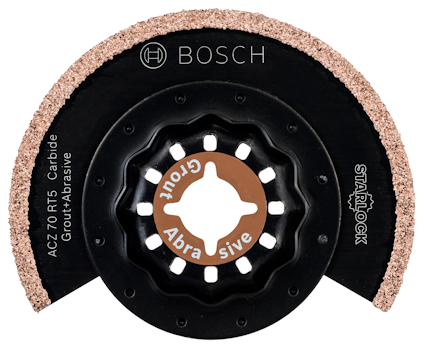 Rund Bosch skärblad med karbidkant, märkning "Starlock" och "ACZ70 RT5 Carbide Grout-Abrasive".