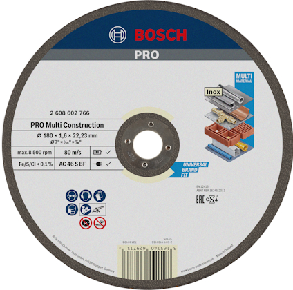 Rund slip- eller kapskiva från Bosch med etikett och specifikationer för multi-materialanvändning.