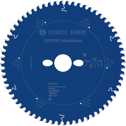 Cirkelsågklinga med texten "BOSCH EXPERT Aluminium". tandad kant och hålmönster.