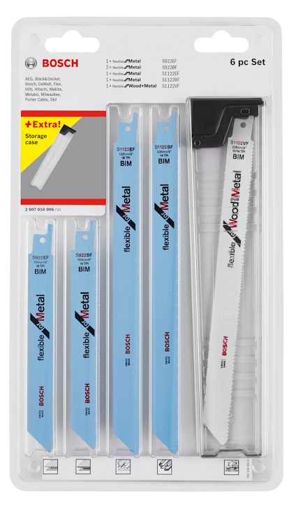 Bosch 6-delars sågbladssats för metall och trä, inkluderar extraförvaringsväska. Blå och silverfärgade blad.