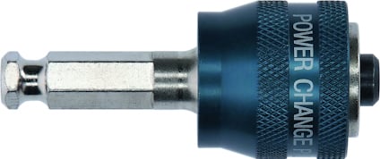 Borrchuck med texten "POWER CHANGE" i blått och metall.