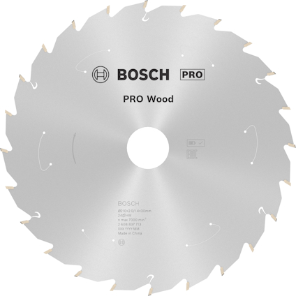 Cirkelsågblad med texten "BOSCH PRO Wood", specifikationer och märkningen "Made in China".