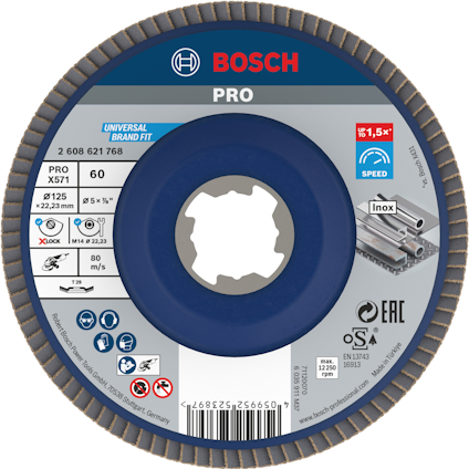 Rund sliprondell från Bosch Pro, Ø125 mm, 60 grit, för metallbearbetning.