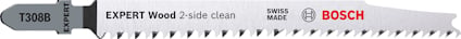 Sticksågblad märkt "EXPERT Wood 2-side clean", Bosch. Text "T308B", "EXPERT", "SWISS MADE".