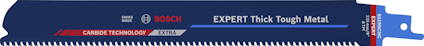 Sabelsågblad från Bosch, Expert Thick Tough Metal. Svart och blått med texten "Carbide Technology".