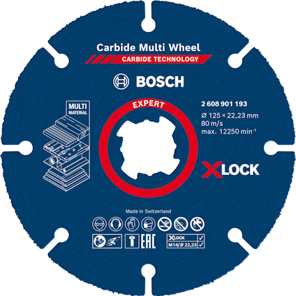 Blå sågklinga med text: "Carbide Multi Wheel", "BOSCH", "X-LOCK". Specifikationer och symboler finns även.