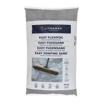 Förpackning av Lithomex Easy Jointing Sand, 20 kg, med bild på en sopkvast och text på flera språk.