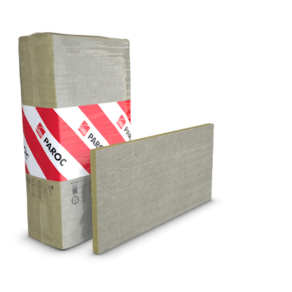 Förpackning med PAROC-isolerskivor, delvis klädd i randigt omslag och logotyper, samt en friliggande skiva.