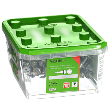 Plastburk med grönt lock innehållande byggplåtskruv från ESSVE, storlek 5,5x32 mm, 200 st.